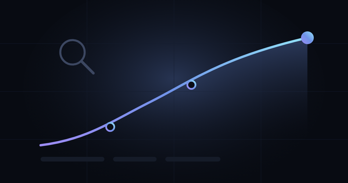 A rising search performance curve over a grid, beside a magnifying glass