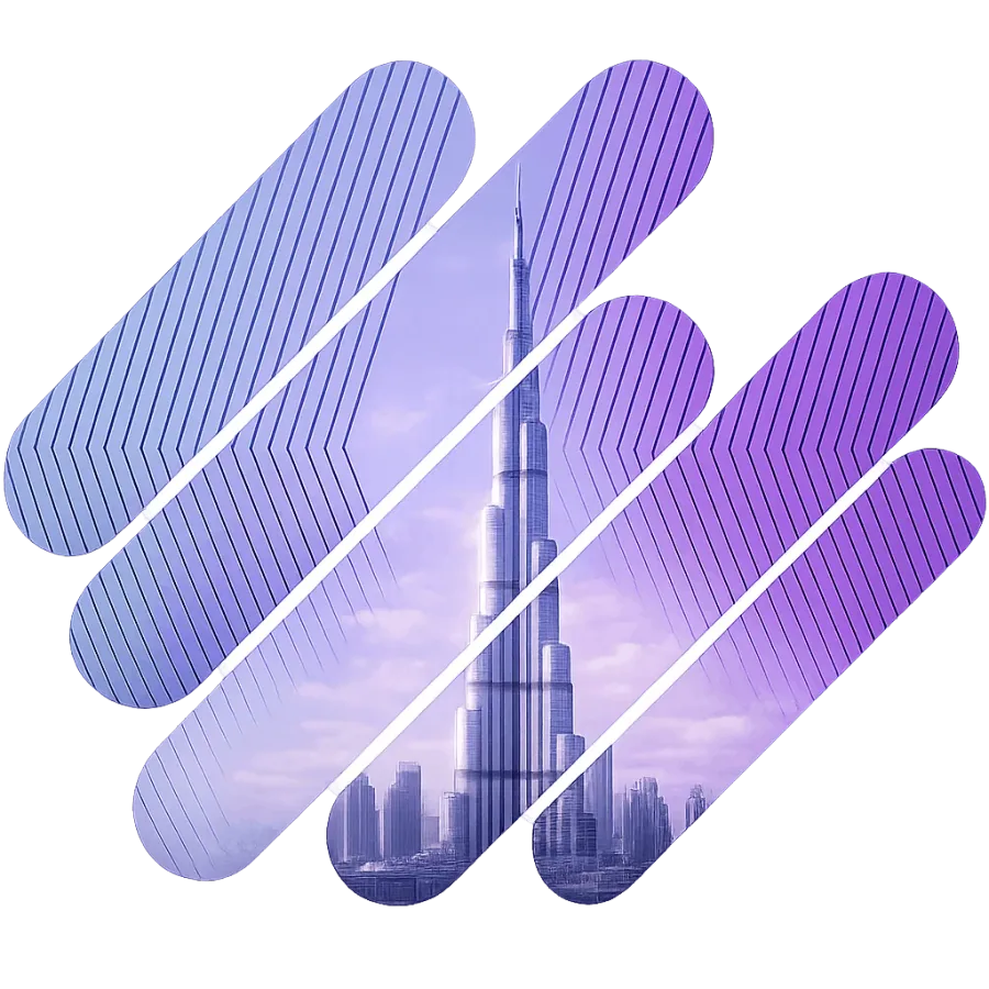 The MINT brand mark with the Burj Khalifa and the Dubai skyline showing through it